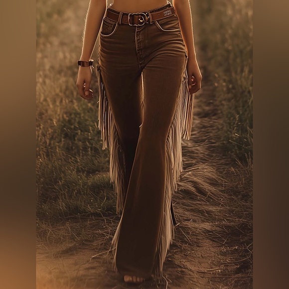 Oyrosy Denim - NEW Oyrosy Vintage Western Fringe Flared Jeans Brown Small